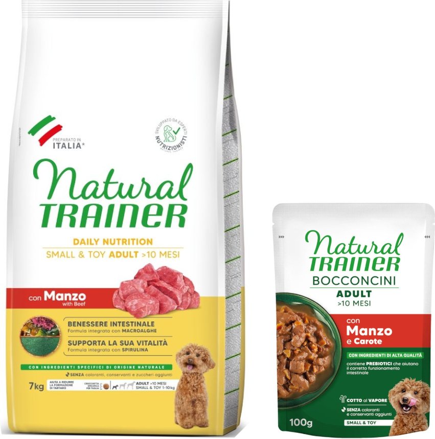 7 kg Natural Trainer Adult Small & Toy + 6 x 100 g passendes Nassfutter gratis! - 7 kg Rind + 6 x 100 g Rind