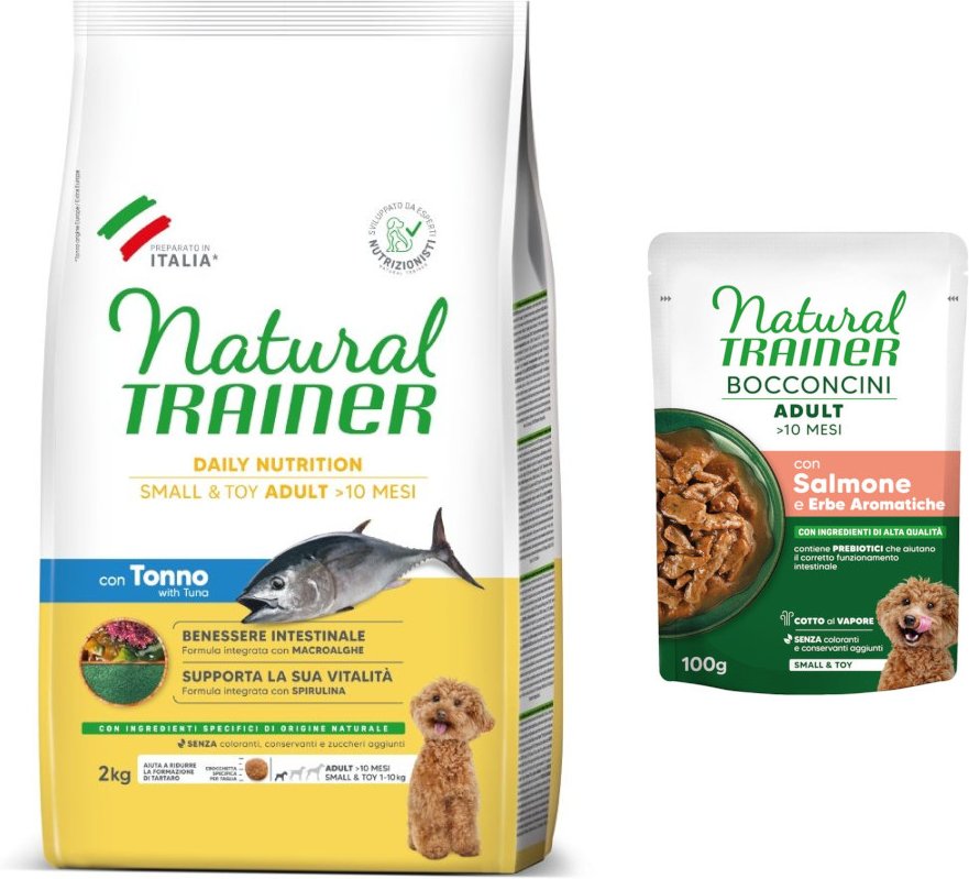2 kg Natural Trainer Small & Toy + 2 x 100 g passendes Nassfutter gratis! - Adult mit Thunfisch + 2 x 100 g Lachs