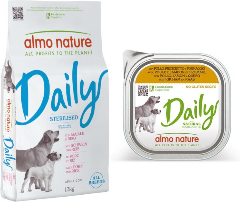 Almo Nature Daily Trockenfutter + 9 x 300 g Ausgewähltes Nassfutter zum Sonderpreis! - 12 kg Sterilised all Breeds Schwe...