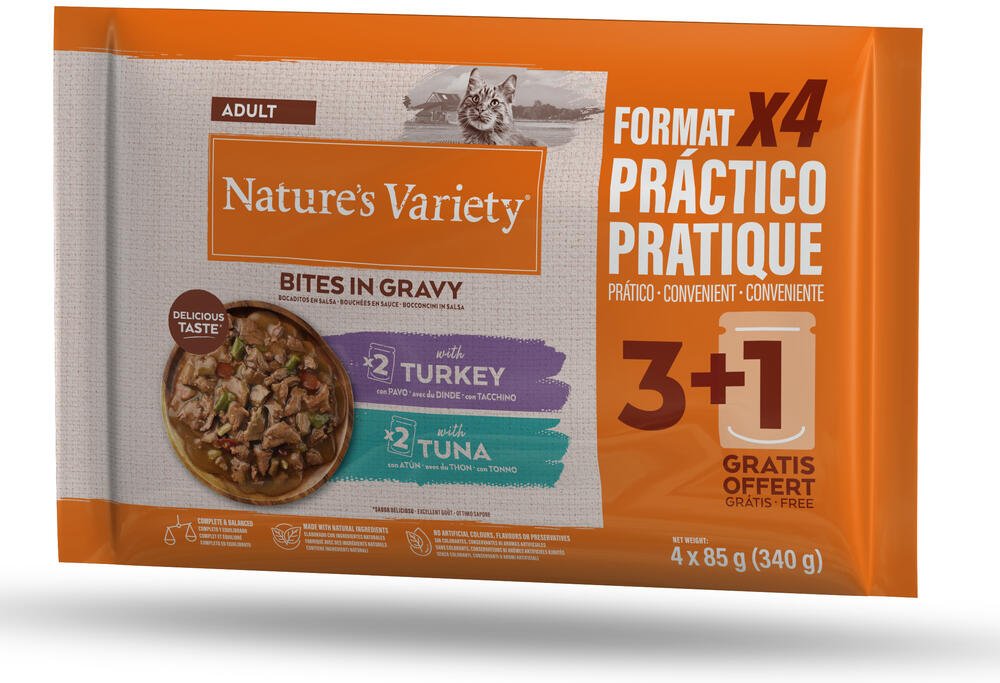 Nature's Variety Bites in Soße Adult 44 x 85 g - mit Truthahn und Thunfisch