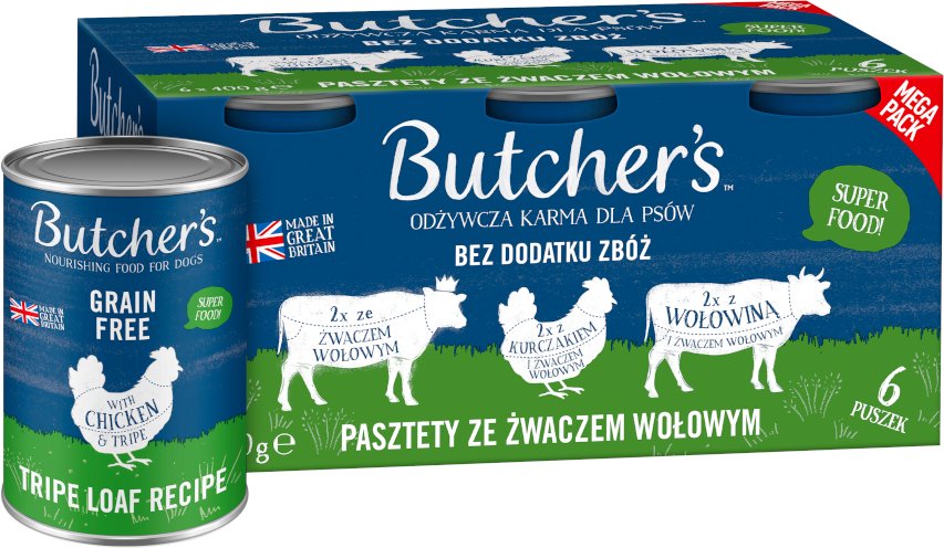Butcher's Original's Getreidefrei für Hunde 6 x 400 g - Mixpaket Pansen (3 Sorten Pastete)