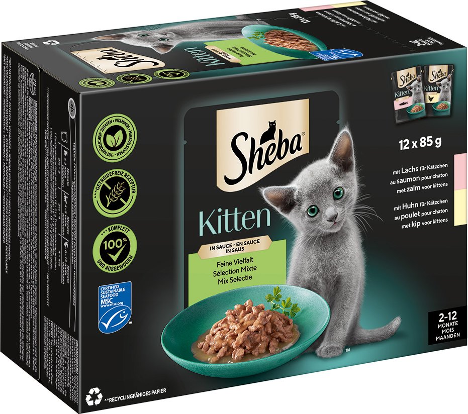 Sheba Kitten Varietäten Frischebeutel 12 x 85 g - Feine Vielfalt in Sauce (Lachs, Huhn)