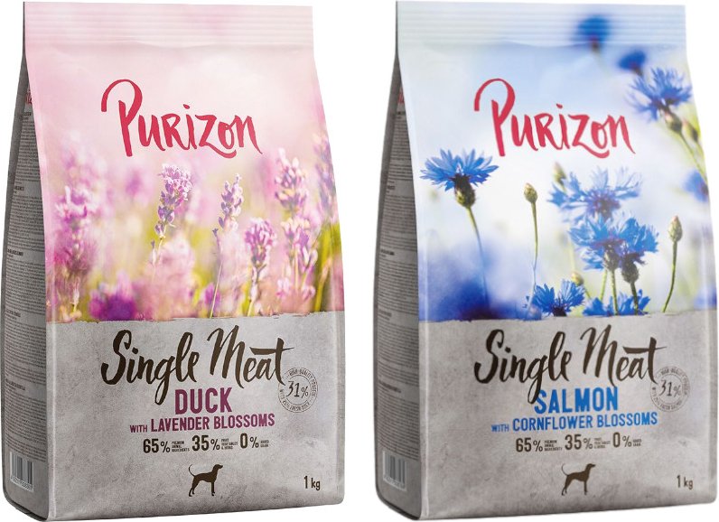 Thumbnail - Purizon Probierpaket 2 x 1 kg - Single Meat: Lachs mit Kornblumenblüten, Ente mit Lavendelblüten
