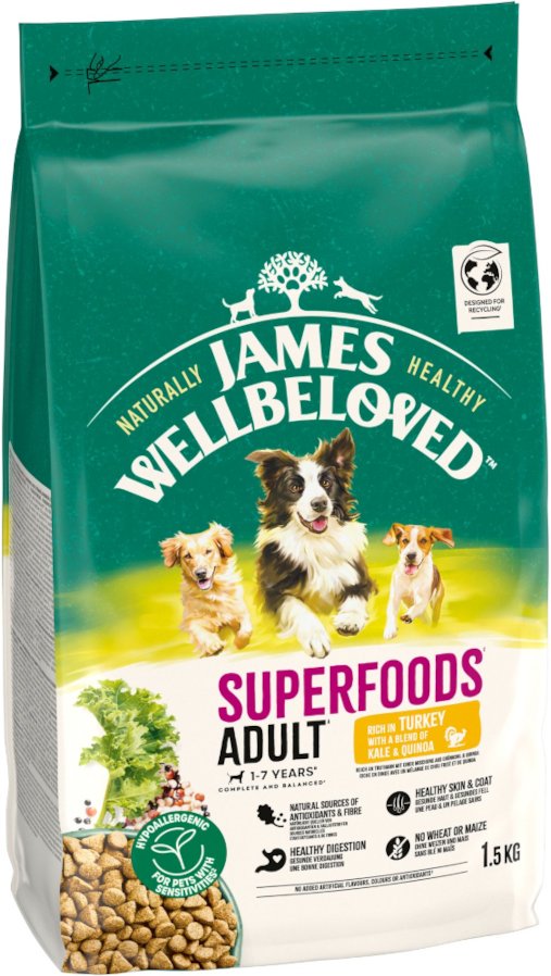 James Wellbeloved Superfoods Adult Dog Hypoallergenic Truthahn mit Grünkohl & Quinoa - 1,5 kg