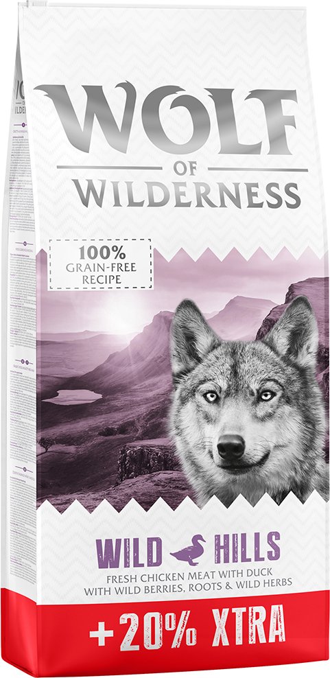 20% gratis! 14,4 kg Wolf of Wilderness Adult Getreidefrei - Top Seller: Wild Hills - Ente