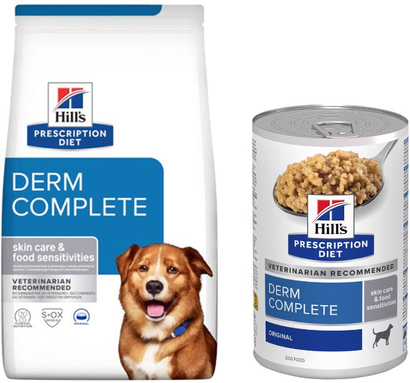 12 kg Hill's Prescription Diet + 3 x 360 g / 370 g passendes Nassfutter gratis! - 12 kg Derm Complete mit Reis & Ei + 3 ...