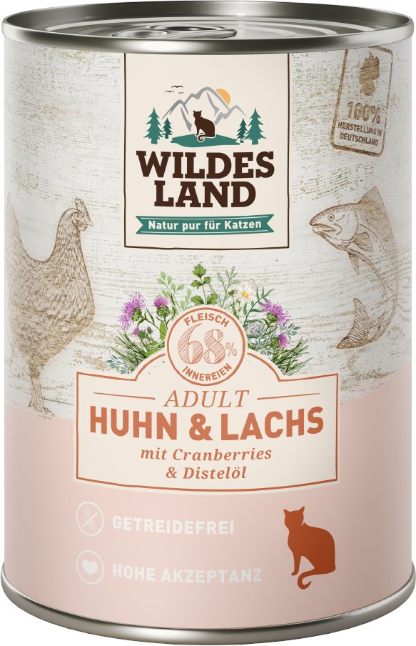 Wildes Land Adult Cat 6 x 400 g - Huhn & Lachs mit Cranberries