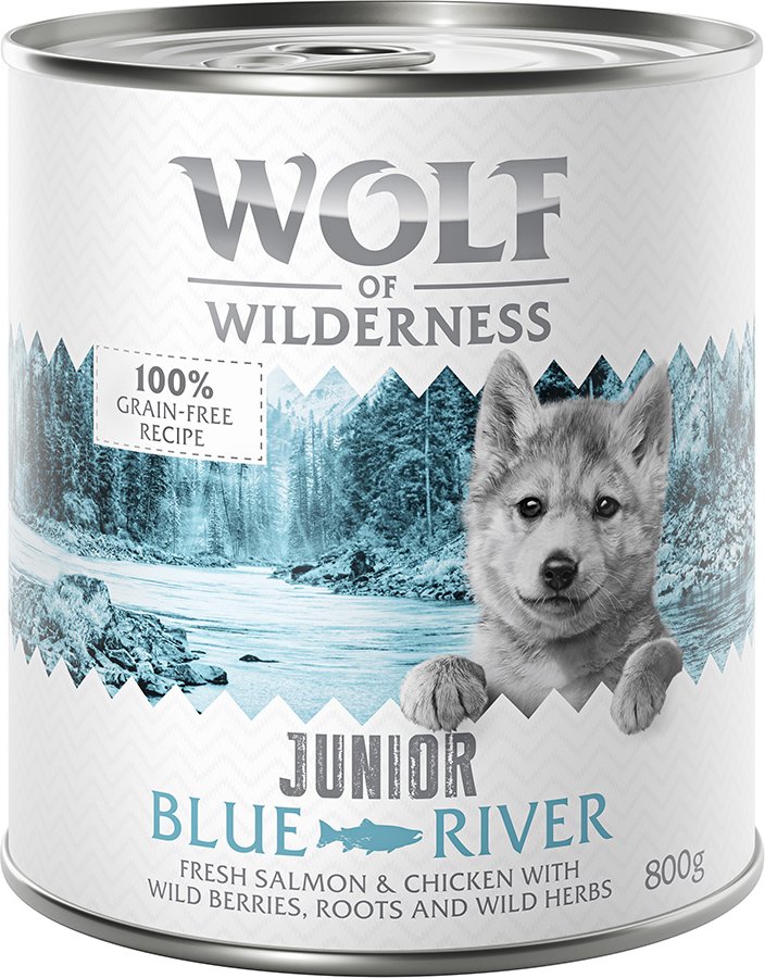 Thumbnail - Wolf of Wilderness JUNIOR 6/24 x 800 g - 24 x 800 g Blue River - Huhn & Lachs