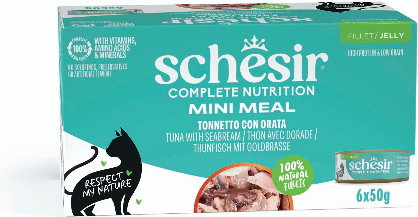 Schesir Complete Nutrition Filet in Gelee 6 x 50 g in Dosen - Thunfisch mit Goldbrasse