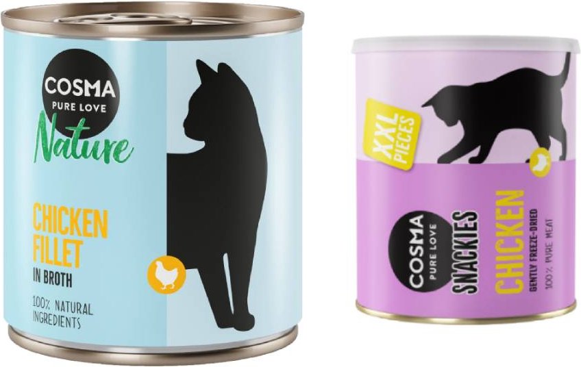 Cosma Kombi-Paket: 24 x 280 g Nature + 2 x 200 g Maxi Snackie XXL - Hühnchenfilet + Hühnchen