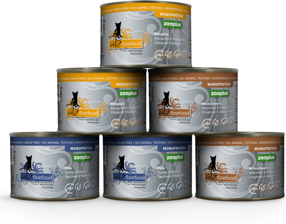 Mixpaket catz finefood Monoprotein zooplus 6 x 200 g - 3 Sorten (Pute, Känguru, Wildschwein)