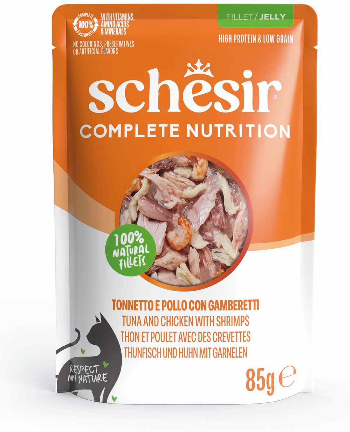 Schesir Complete Nutrition Filet in Gelee 6 x 85 g in Beuteln - Thunfisch und Hühnchen mit Garnelen