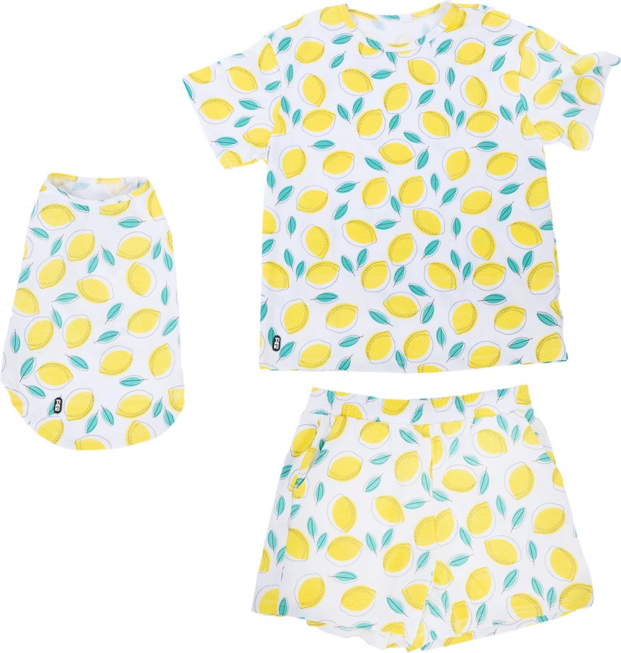 TIAKI Pet & Parent Pyjama im Partnerlook, Zitrone - Pyjama für Hundeeltern Größe M + passendes Hundeshirt Rückenlänge 35...