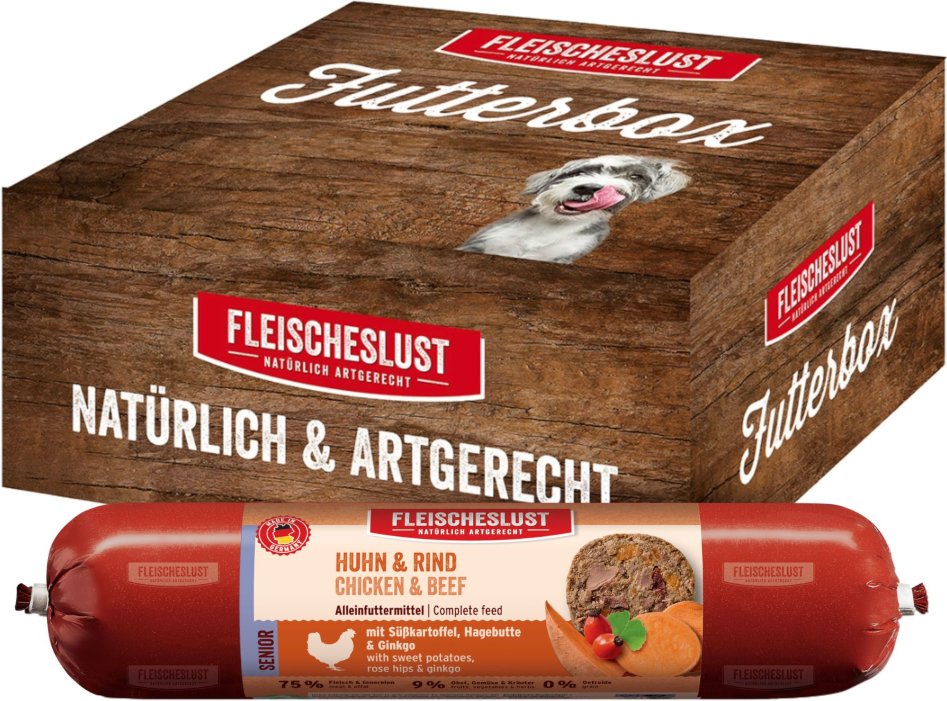 Fleischeslust Futterbox Senior Classic 6 x 800 g - Huhn & Rind mit Süßkartoffel, Hagebutte & Gingko