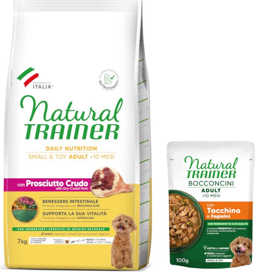 7 kg Natural Trainer Adult Small & Toy + 6 x 100 g passendes Nassfutter gratis! - 7 kg Prosciutto Crudo + 6 x 100 g Trut...