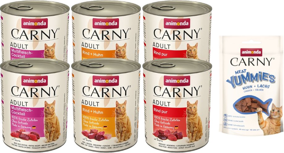 animonda Carny Adult + 50 g Meat Yummies Huhn & Lachs gratis! - 6 x 800 g Mixpaket Rind (3 Sorten)