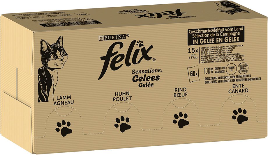 Jumbopack Felix "Sensations" Pouches 120 x 85 g - Geschmacksvielfalt vom Land (Rind, Huhn, Ente & Lamm)