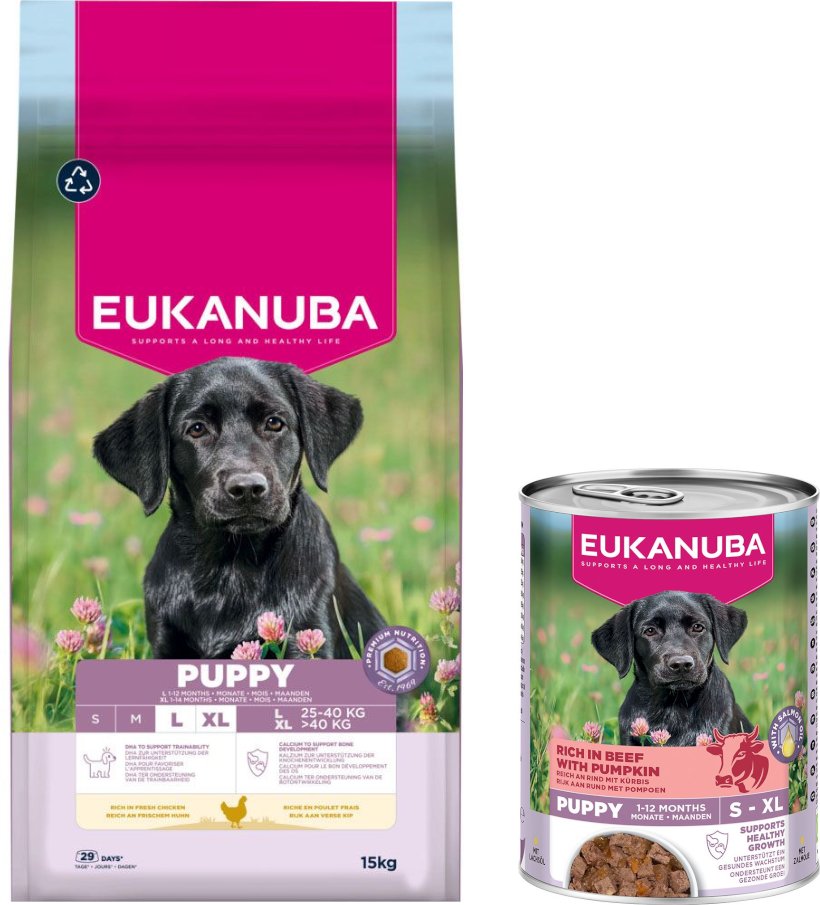 15 kg Eukanuba Premium Nutrition + 3 x 400 g passendes Nassfutter gratis! - Puppy Large & Giant Breed Huhn + Puppy Reich...