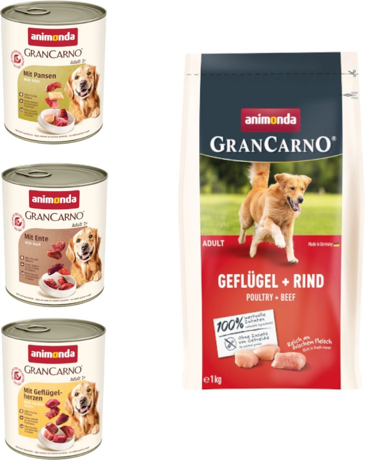 6 x 800 g animonda GranCarno Original Adult + 1 kg Trockenfutter mit Geflügel & Rind gratis! - Deftige Variation (3 Sort...