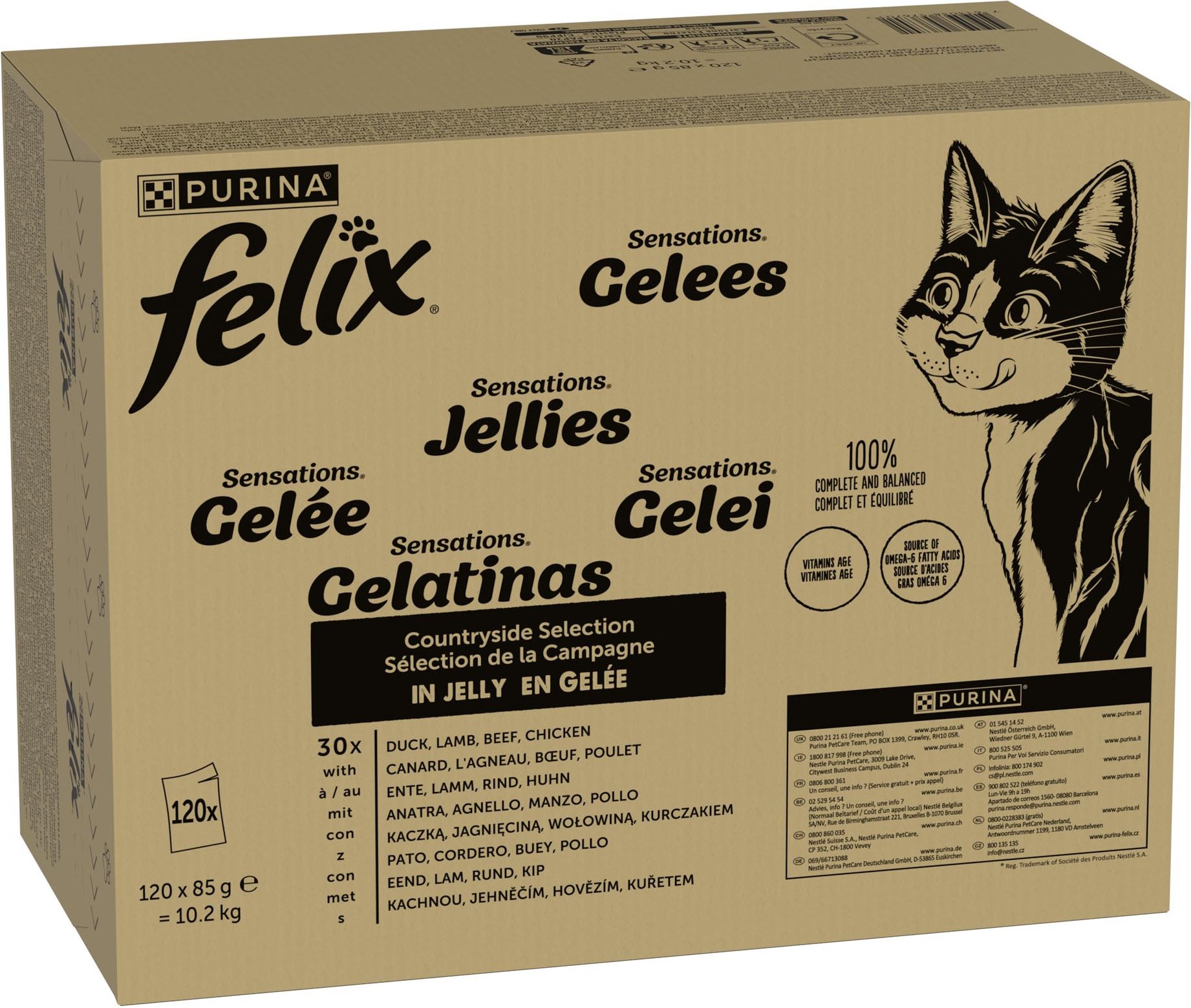 Jumbopack Felix "Sensations" Pouches 120 x 85 g - Geschmacksvielfalt vom Land (Rind, Huhn, Ente & Lamm)