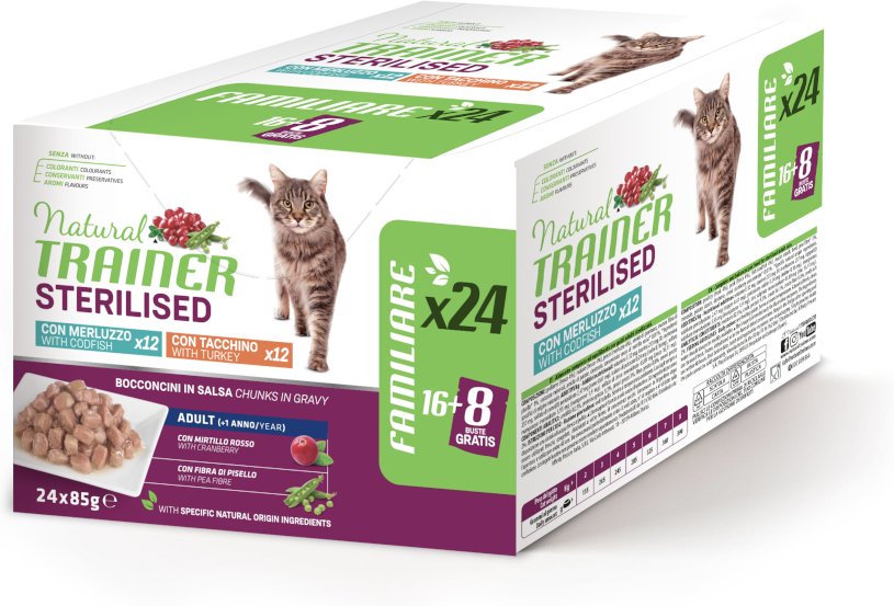 Natural Trainer Adult Sterilised - 48 x 85 g Mixpaket: Truthahn und Kabeljau
