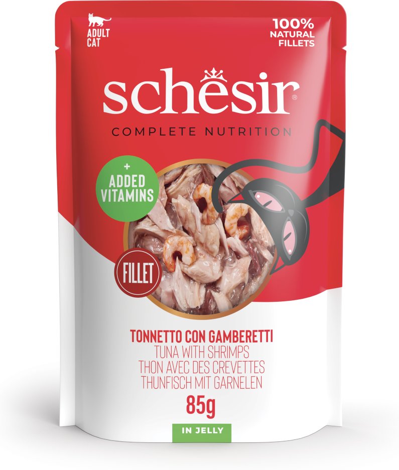 Schesir Complete Nutrition Filet in Gelee 6 x 85 g in Beuteln - Thunfisch mit Garnelen