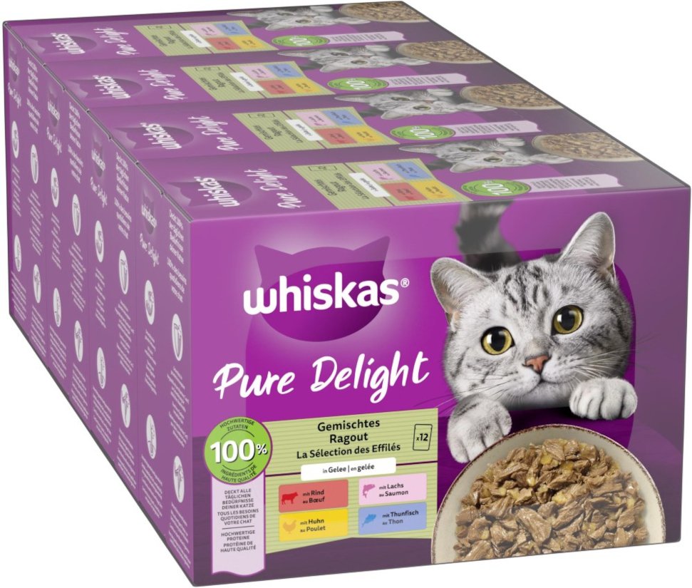 Jumbopack Whiskas Pure Delight Portionsbeutel 144 x 85 g - Gemischtes Ragout in Gelee