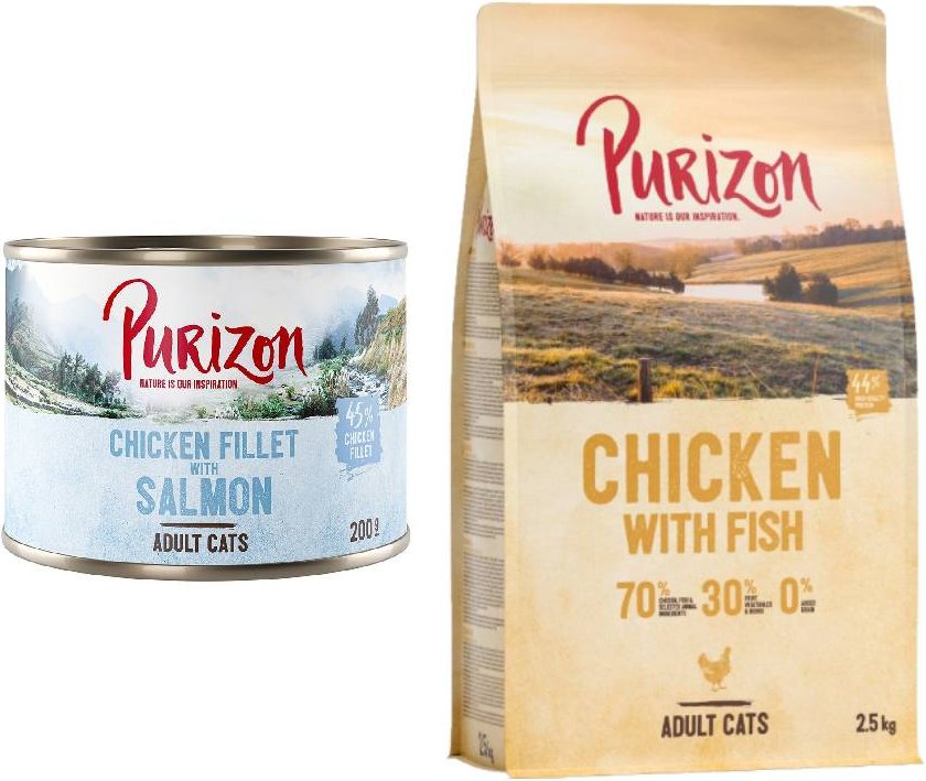 Purizon Kombi-Paket: 24 x 200 g Nassfutter + 2,5 kg Trockenfutter - Hühnerfilet mit Lachs + Original Huhn mit Fisch