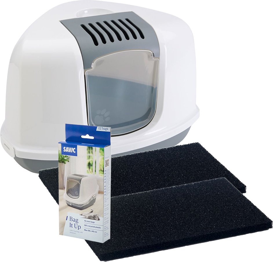 Savic Katzentoilette Nestor Corner - Starterset: Toilette hellgrau/weiß + 2 extra Filter + 12 Bag it up