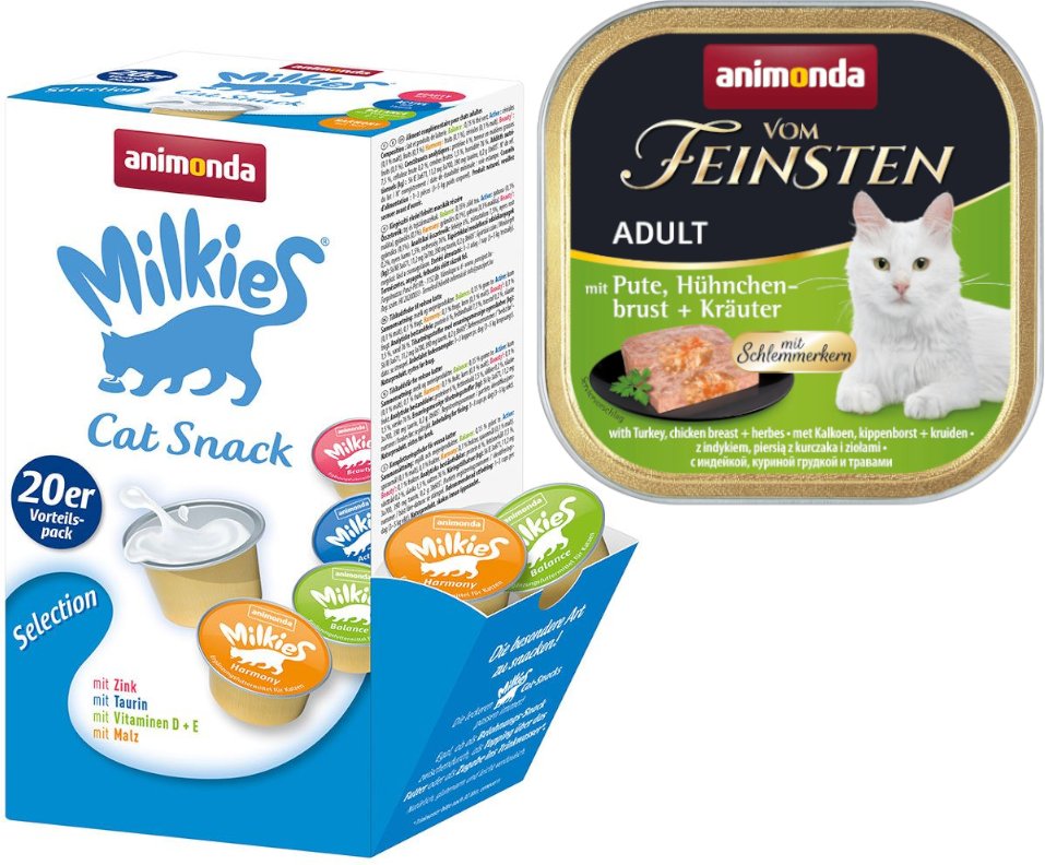animonda Kombi-Paket: 12 x 100 g Vom Feinsten + 20 x 15 g Milkies Selection - Adult mit Schlemmerkern: Pute, Hühnchenbru...