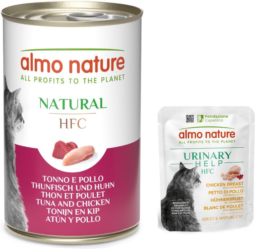 Thumbnail - 6 x 140 g Almo Nature HFC Natural + 6 x 50 g Urinary Help zum Sonderpreis! - Thunfisch und Huhn + Hühnerbrust mit Cranb...