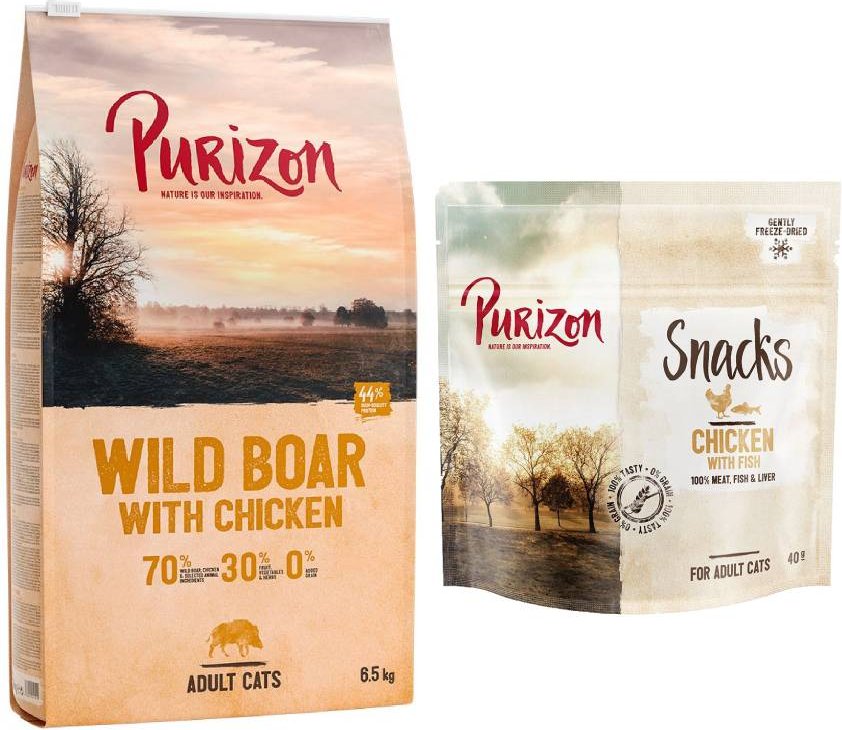 Purizon getreidefrei Kombi-Paket: 6,5 kg Trockenfutter + 3 x 40 g Snack - Original Wildschwein & Huhn + Huhn mit Fisch
