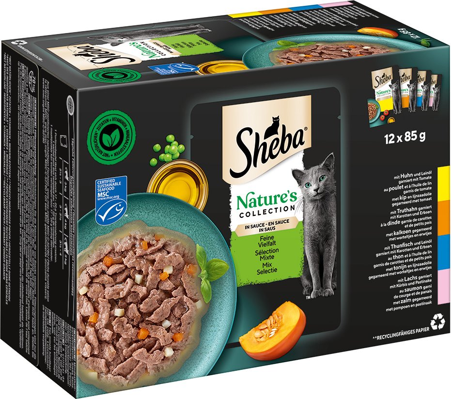 Sparpaket Sheba Nature's Collection in Sauce 48 x 85 g - Feine Vielfalt (Huhn, Truthahn, Thunfisch, Lachs)