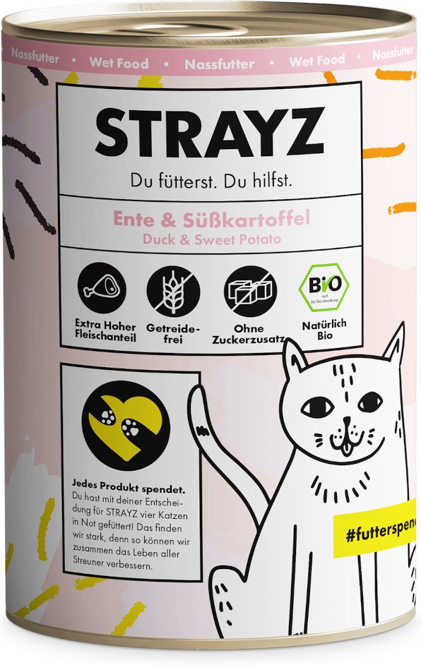 STRAYZ BIO Katze 6 x 400 g - Bio-Ente & Bio-Süßkartoffel