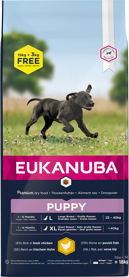 3 kg gratis! 18 kg Eukanuba Breed Huhn - Puppy Large