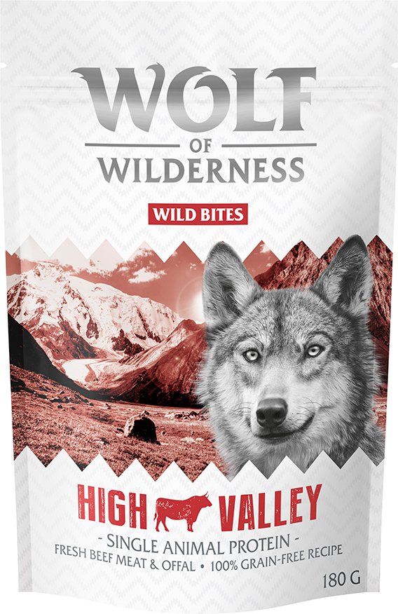 Sparpaket 3 x 180 g: Wolf of Wilderness Snack - Wild Bites - High Valley - Rind (Monoprotein)