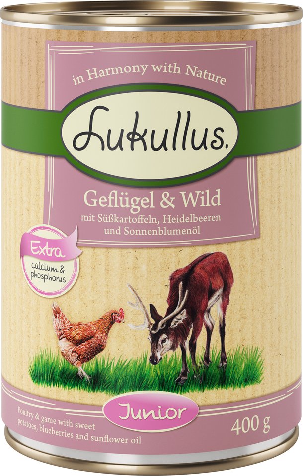 Sparpaket Lukullus Naturkost 24 x 400 g - Junior Geflügel & Wild (getreidefrei)