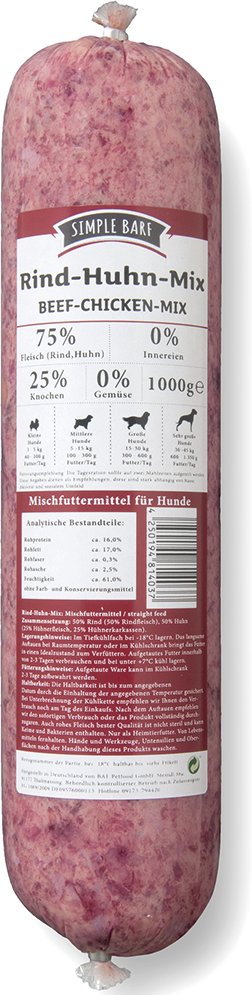 SIMPLE BARF Rind-Huhn Mix - 26 x 1000 g