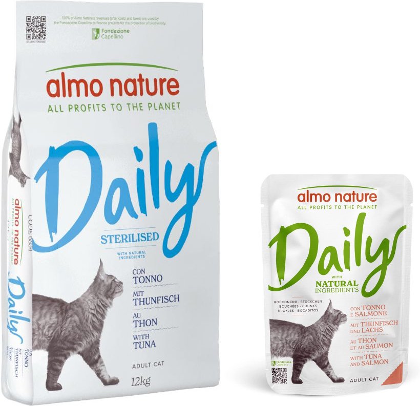 Almo Nature Daily Trockenfutter + Ausgewähltes Nassfutter zum Sonderpreis! - 12 kg Sterilised Thunfisch + 6 x 70 g Menu ...