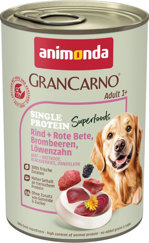 Animonda GranCarno Adult Single Protein Superfoods 6 x 400 g - Rind + Rote Bete, Brombeeren, Löwenzahn