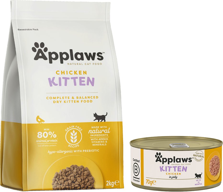 Applaws Mischfütterung: Trocken- & Nassfutterpaket - 2 kg Kitten-Trockenfutter + 6 x 70 g Hühnchenbrust für Kitten