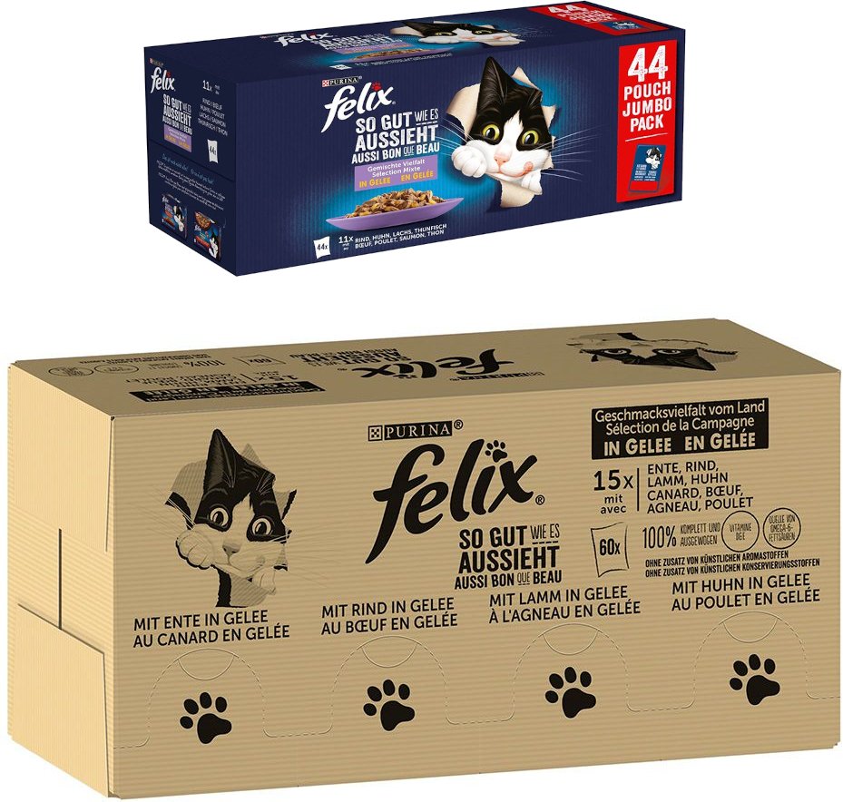Jumbopack Felix + 44 x 85 g Pouches gratis! - 120 x 85 g "So gut wie es aussieht" Fleisch Mix I + 44 x 85 g Huhn, Rind, ...