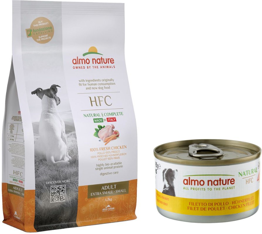 1,2 kg Almo Nature HFC Adult XS-S + 12 x 95 g Nassfutter zum Sonderpreis! - Huhn + Hühnerfilet