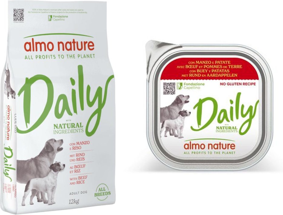 Almo Nature Daily Trockenfutter + 9 x 300 g Ausgewähltes Nassfutter zum Sonderpreis! - 12 kg All Breeds Rind & Reis + 9 ...