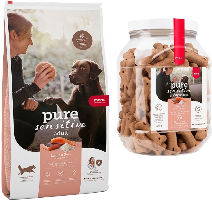mera pure sensitive Kombi-Paket: 12,5 kg Trockenfutter + 3 x 600 g Goody Snacks - Adult Lachs & Reis 12,5 kg + Goody Sna...