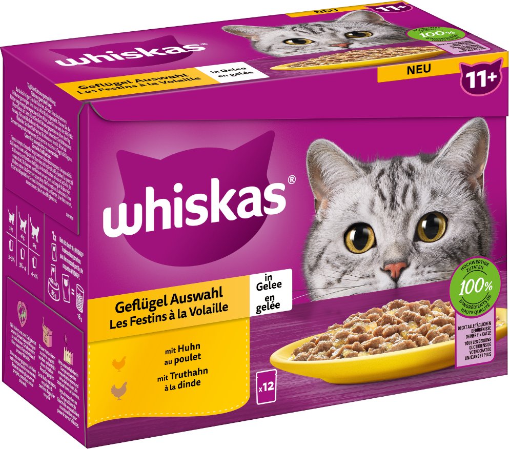 Multipack Whiskas Senior Frischebeutel 12 x 85 g - 11+ Geflügelauswahl in Gelee