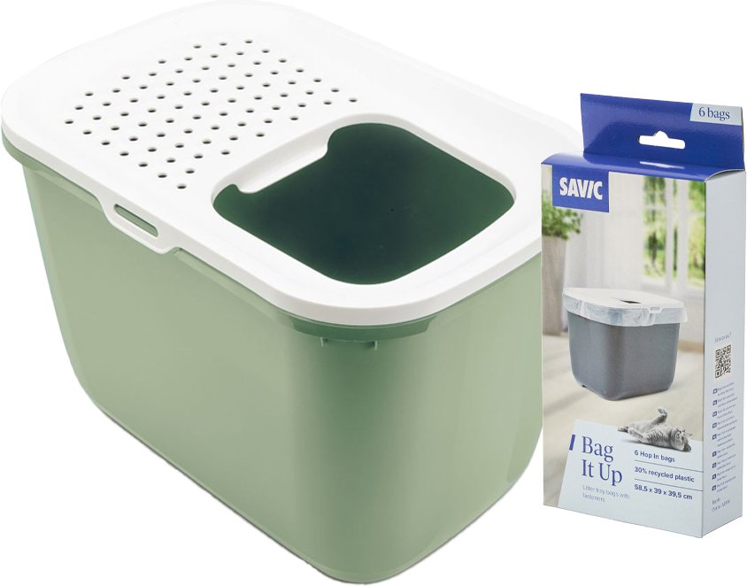 Savic Katzentoilette Hop In Starterset: Toilette botanical green/weiß + 6 Bag it up