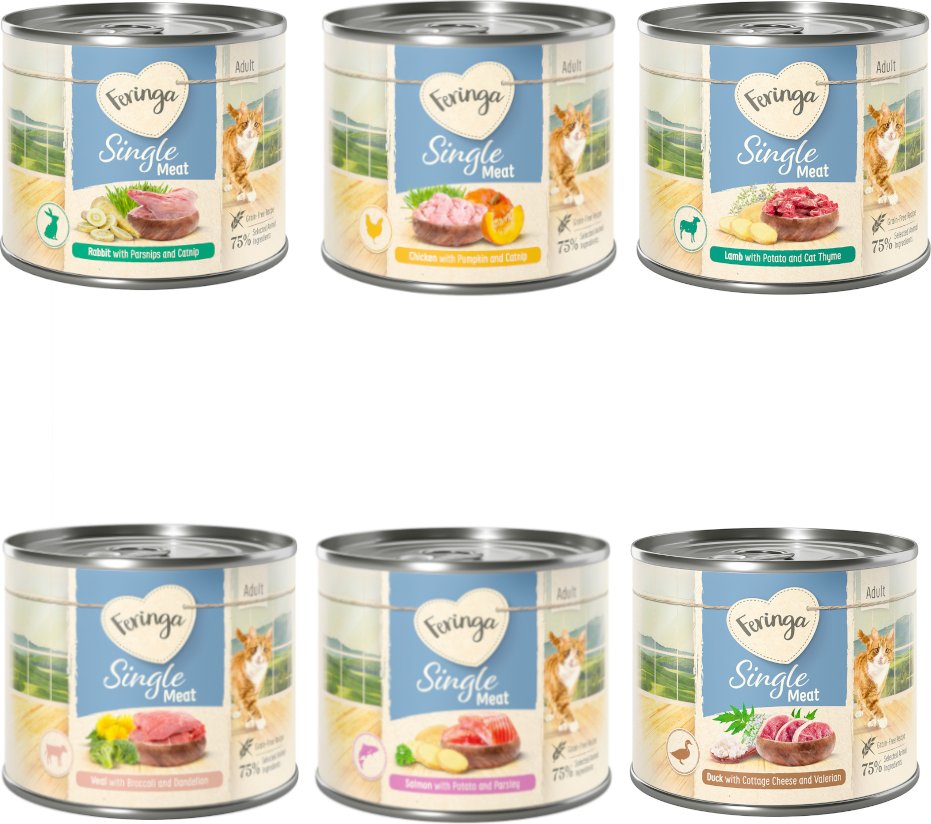Feringa Single Meat Menü 12 x 200 g - Mixpaket (Huhn, Kaninchen, Lamm, Kalb, Ente, Lachs)