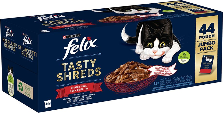 Thumbnail - Felix "Tasty Shreds" Pouches 44 x 80 g - Geschmacksvielfalt Vom Land (Rind, Huhn, Ente und Truthahn)