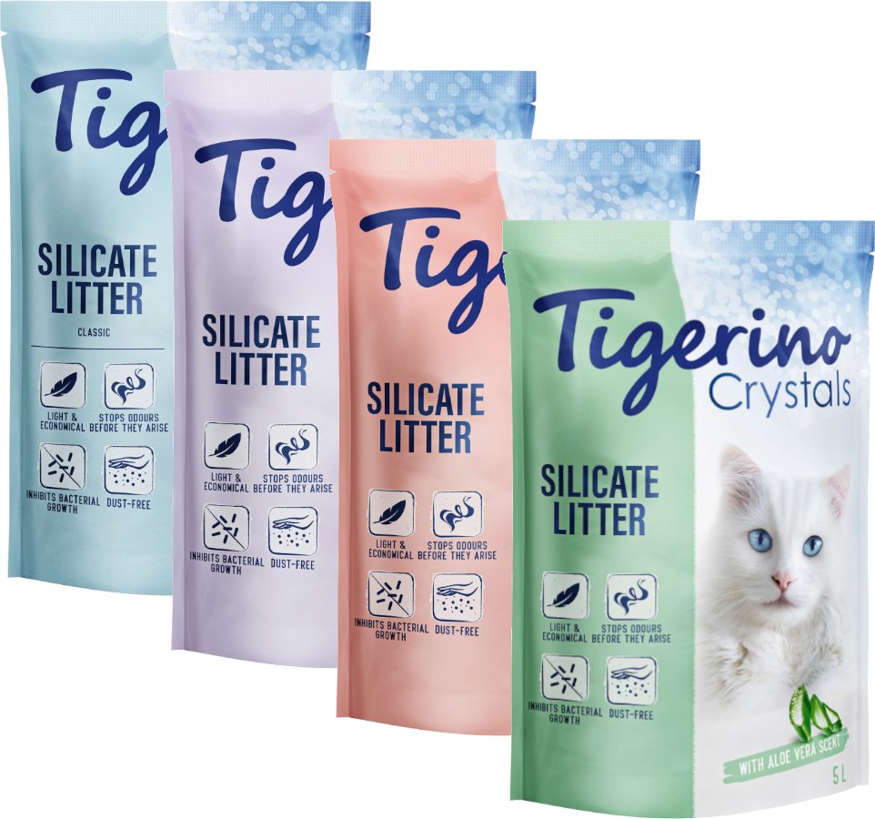 Tigerino Crystals Katzenstreu Probierpakete - 6 x 5 l (Classic Sensitive, Blütenduft, Lavendel, Aloe Vera)